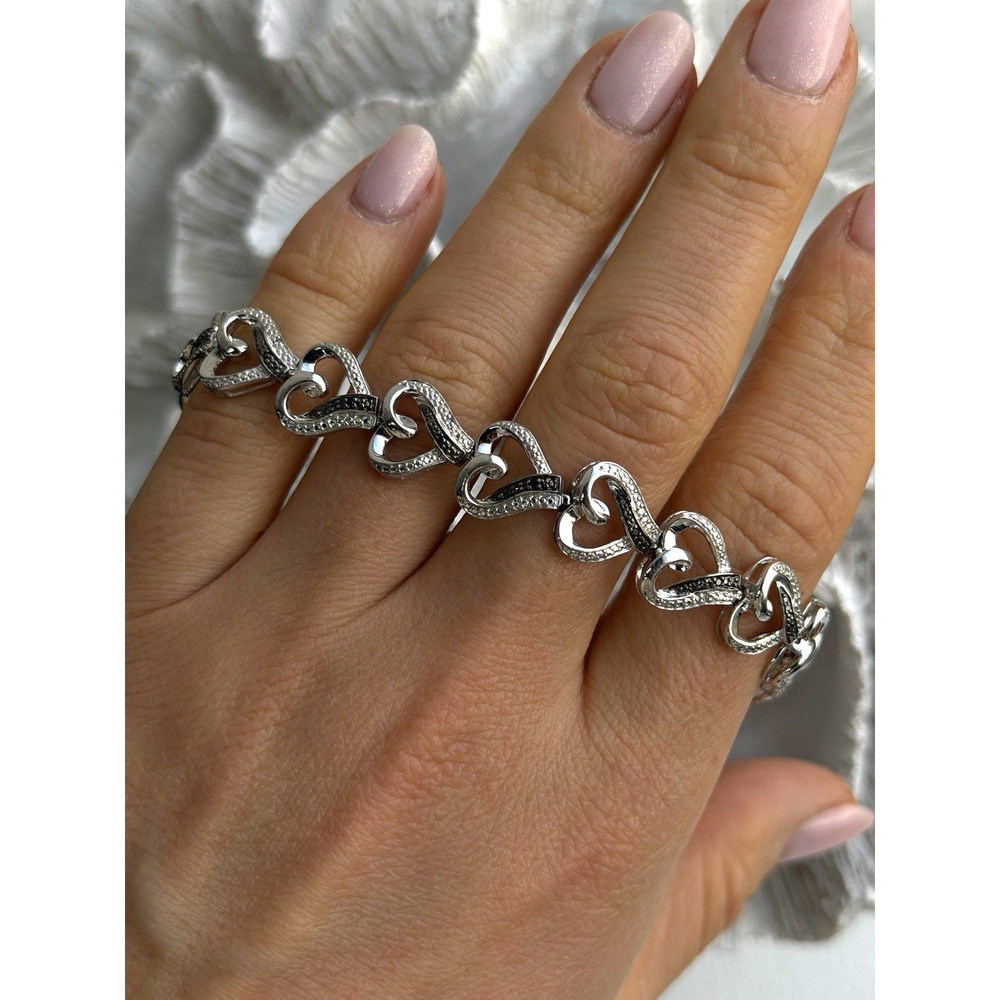 925 Sterling Silver Black & White Diamonds Heart Bracelet 7.5